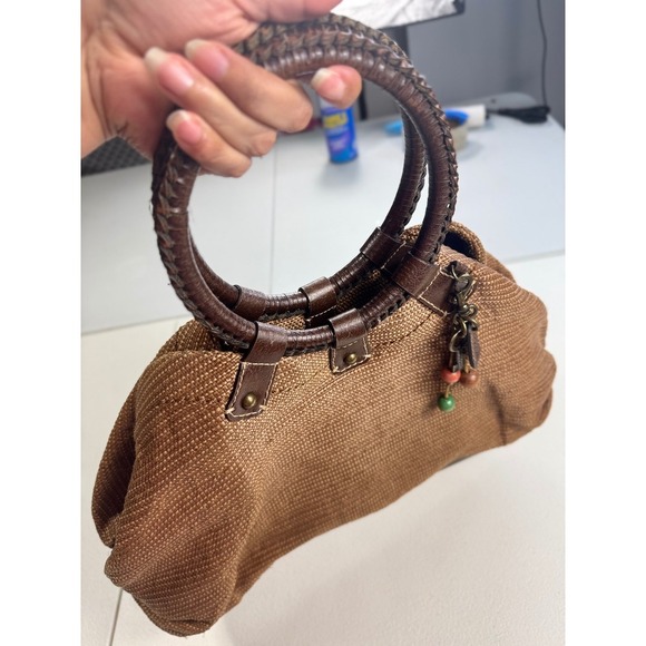 Fossil Brown Woven Circle Handle Satchel Bag Charm‎ Floral Interior - Picture 12 of 12